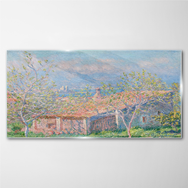 A peaceful landscape with a house and trees Glass art print