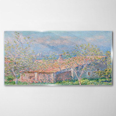 A peaceful landscape with a house and trees Glass art print