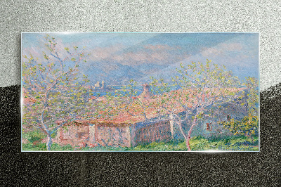 A peaceful landscape with a house and trees Glass art print