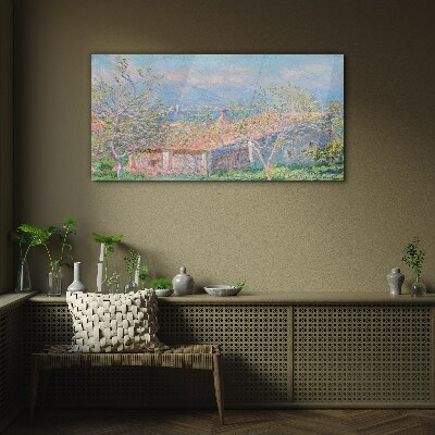 A peaceful landscape with a house and trees Glass art print
