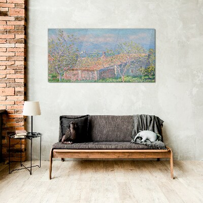 A peaceful landscape with a house and trees Glass art print