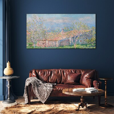 A peaceful landscape with a house and trees Glass art print