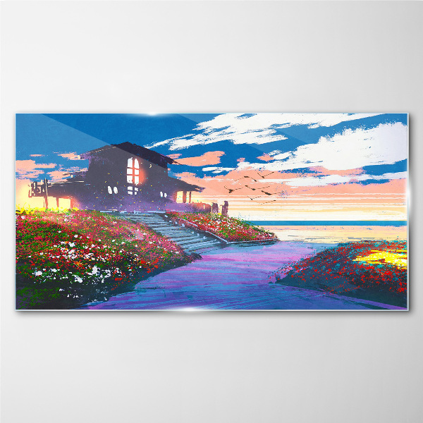Sunset over the flowery shore Wall art on glass