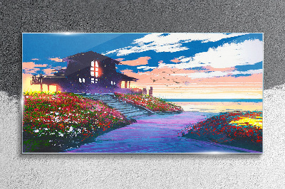 Sunset over the flowery shore Wall art on glass