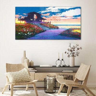 Sunset over the flowery shore Wall art on glass