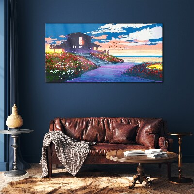 Sunset over the flowery shore Wall art on glass