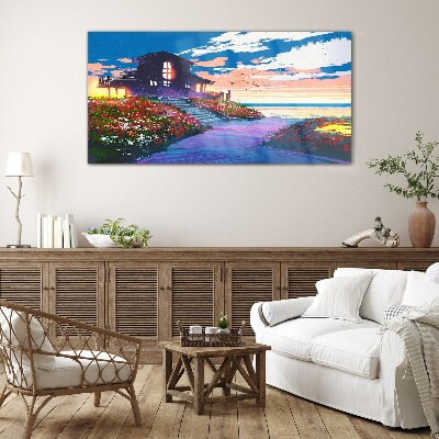 Sunset over the flowery shore Wall art on glass