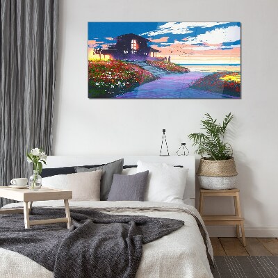 Sunset over the flowery shore Wall art on glass