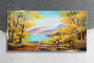 Autumn scenery by the lake Wall art on glass