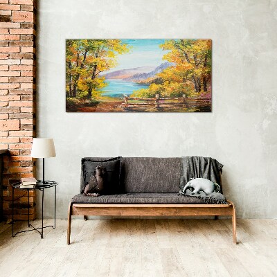 Autumn scenery by the lake Wall art on glass