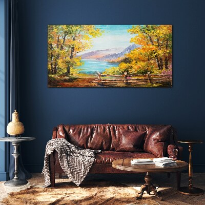 Autumn scenery by the lake Wall art on glass