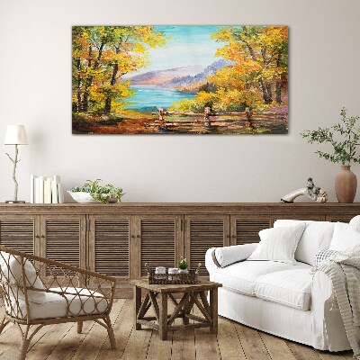 Autumn scenery by the lake Wall art on glass