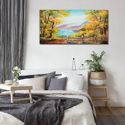 Autumn scenery by the lake Wall art on glass