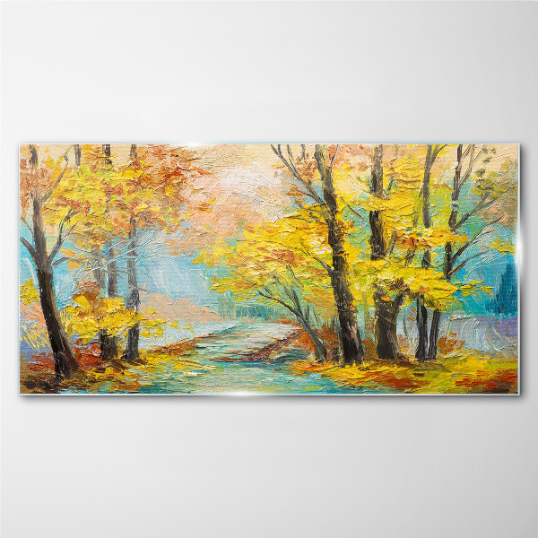 Golden autumn on a quiet river Glass art print