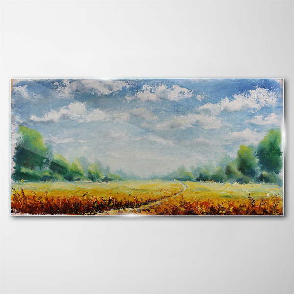 Summer fields under blue sky Glass art print