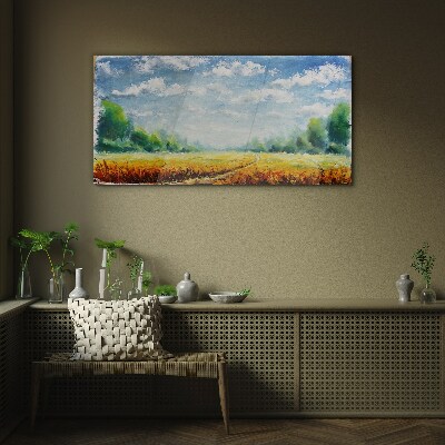 Summer fields under blue sky Glass art print