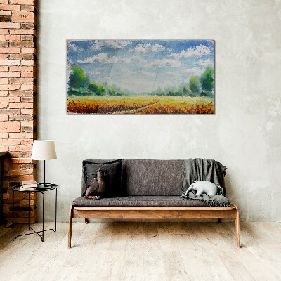 Summer fields under blue sky Glass art print