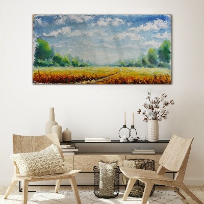 Summer fields under blue sky Glass art print