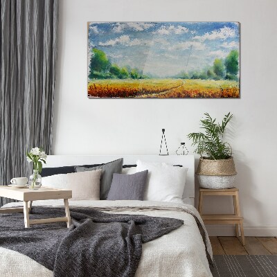 Summer fields under blue sky Glass art print