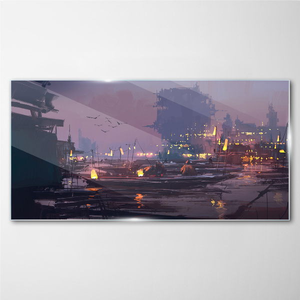 Sunset over the port Wall art on glass