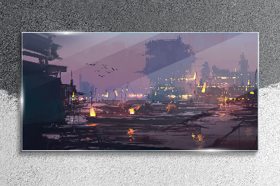 Sunset over the port Wall art on glass