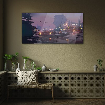 Sunset over the port Wall art on glass