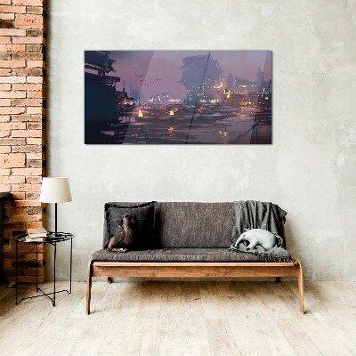 Sunset over the port Wall art on glass
