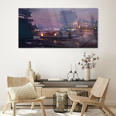 Sunset over the port Wall art on glass