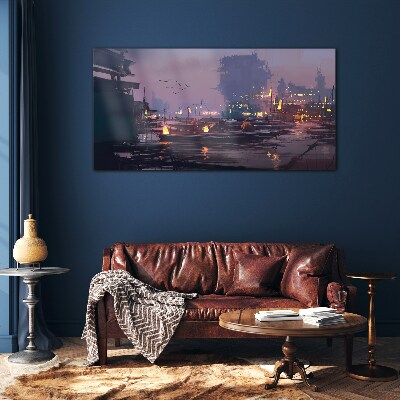 Sunset over the port Wall art on glass