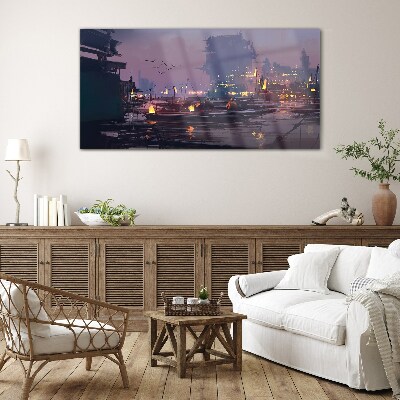 Sunset over the port Wall art on glass