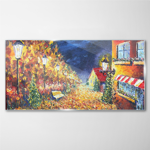 Golden avenue in the glow of lanterns Wall art on glass