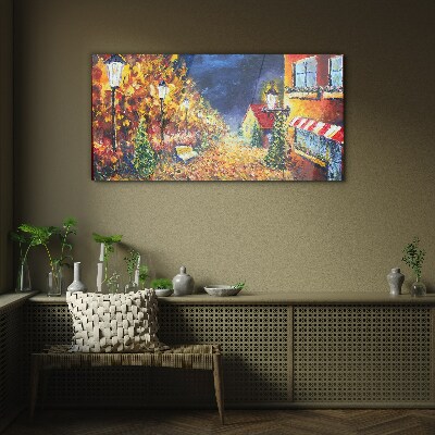 Golden avenue in the glow of lanterns Wall art on glass