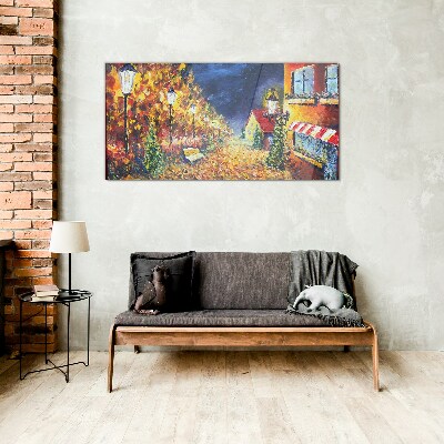 Golden avenue in the glow of lanterns Wall art on glass