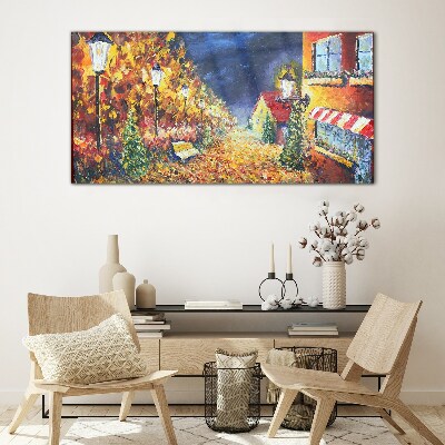 Golden avenue in the glow of lanterns Wall art on glass
