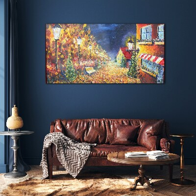 Golden avenue in the glow of lanterns Wall art on glass