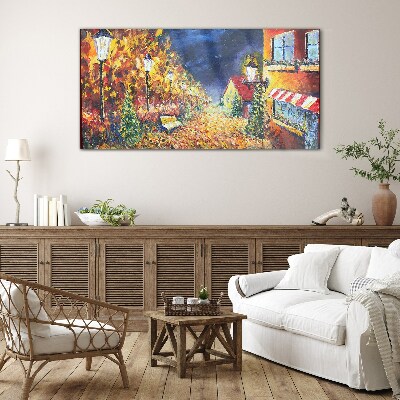 Golden avenue in the glow of lanterns Wall art on glass