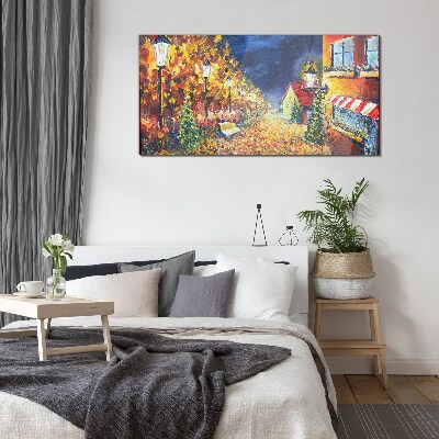 Golden avenue in the glow of lanterns Wall art on glass