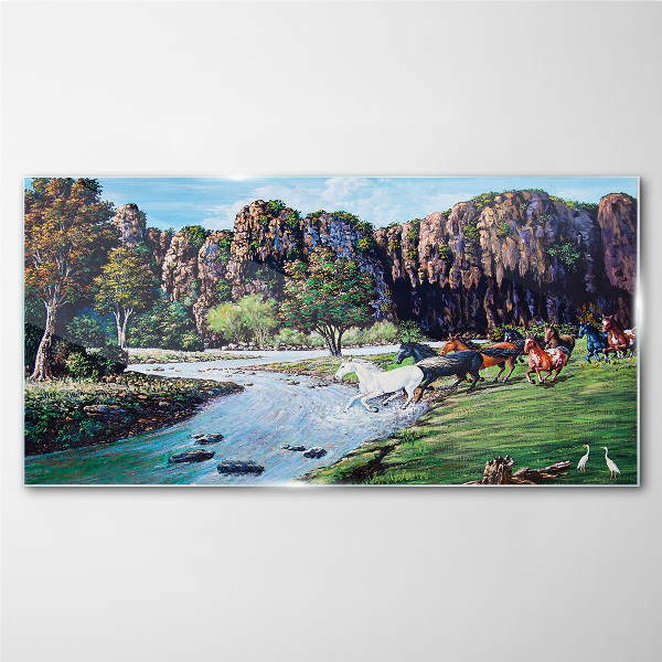 Landscape with horses by the river Wall art on glass