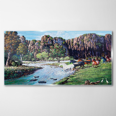 Landscape with horses by the river Wall art on glass