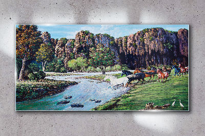 Landscape with horses by the river Wall art on glass