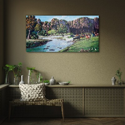 Landscape with horses by the river Wall art on glass