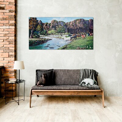 Landscape with horses by the river Wall art on glass