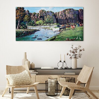 Landscape with horses by the river Wall art on glass