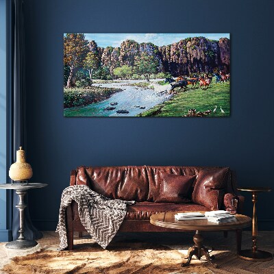 Landscape with horses by the river Wall art on glass