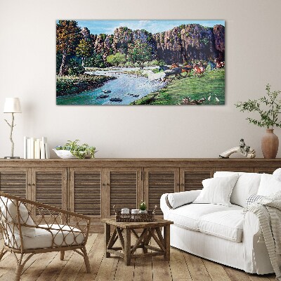Landscape with horses by the river Wall art on glass