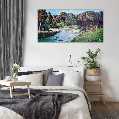 Landscape with horses by the river Wall art on glass