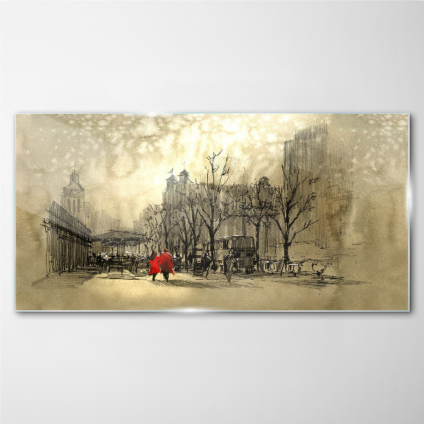 Red coat in the cityscape Glass art print