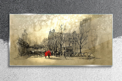 Red coat in the cityscape Glass art print