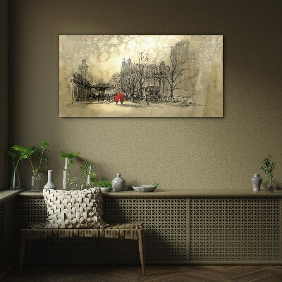Red coat in the cityscape Glass art print