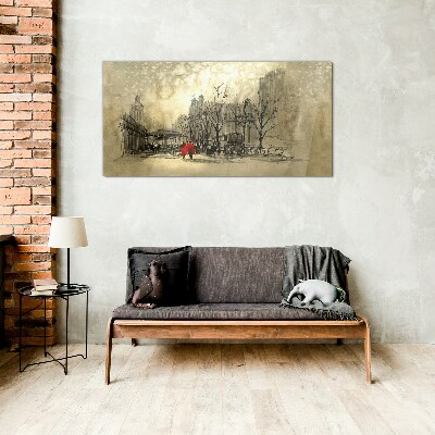 Red coat in the cityscape Glass art print